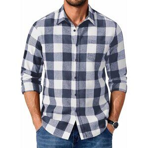 Buffalo Blue White Men Flannel  Long Sleeve Plaid  Button Up Shirt Jacket